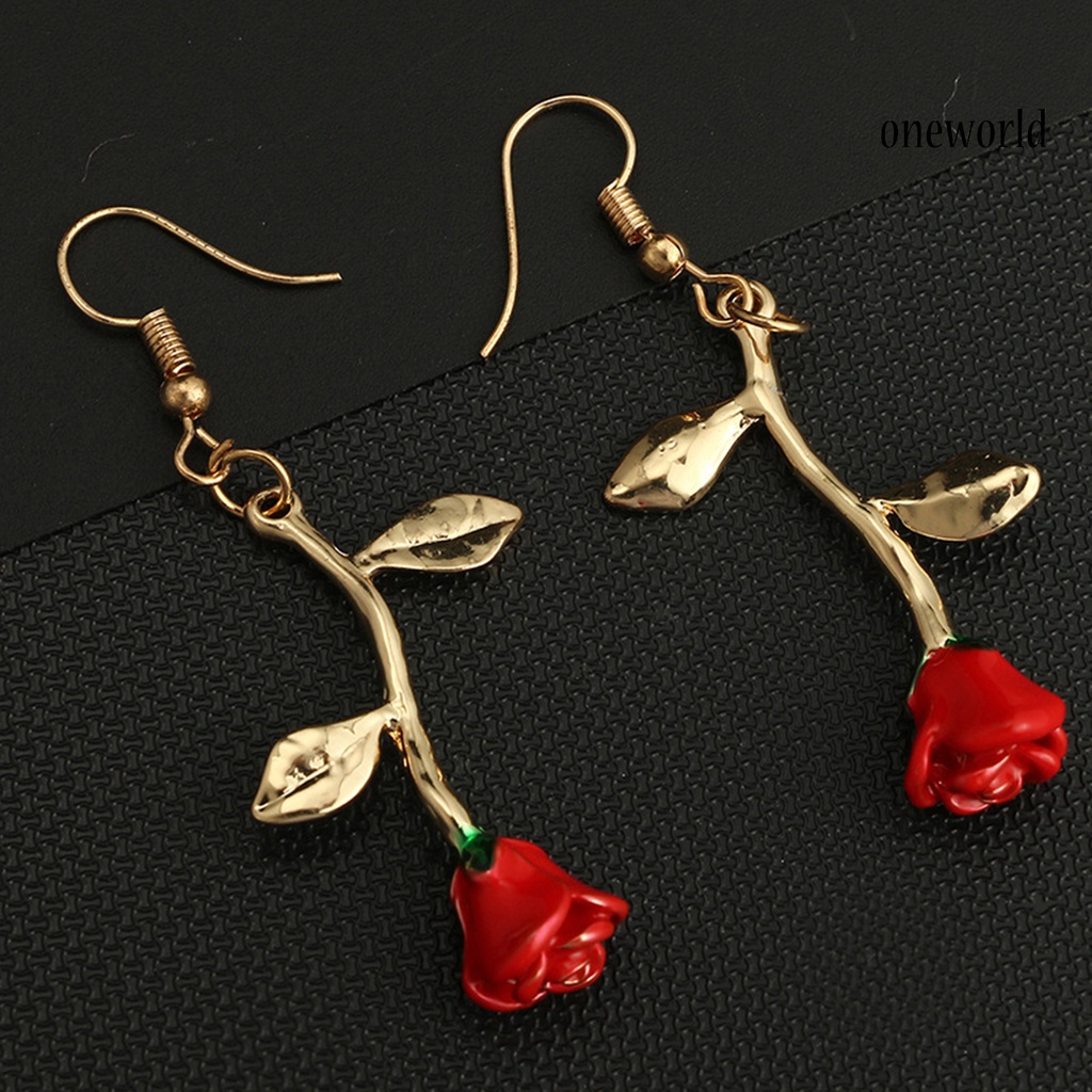 OW# Vintage Rose Flower Leaf Dangle Hook Earrings Leaf Ear Stud  for Women Girl