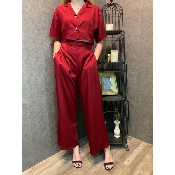 ZENAYA SET SETEL281 SETELAN BAJU CROP DAN CELANA PANJANG KULOT BUSUI SETEL281-Maroon