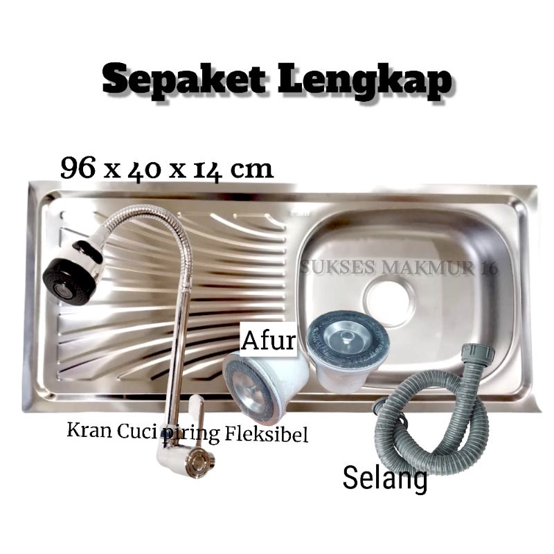 Bak Cuci Piring / Wastafel Cuci Piring Stainless 96x40 Cm Free Selang + Afur + Kran Stainless Sepaket