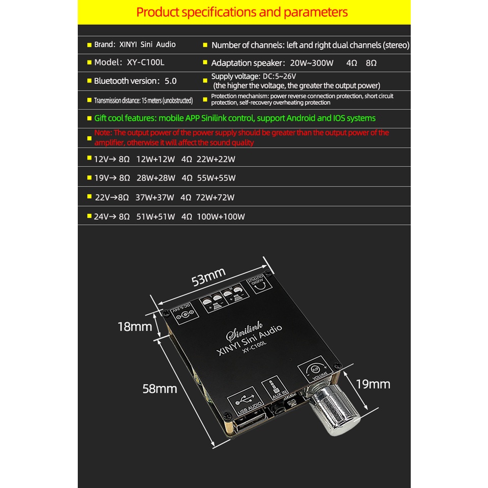 Sinilink Ampli 2 x 100W modul Audio Amplifier Bluetooth 5.0 Hi-Fi Stereo 12V 2x100W Bluetooth 5.0 Power Amplifier Class D Audio 10W~200W HiFi Stereo Wireless Music Player Mini USB Sound Card App Digital AMP