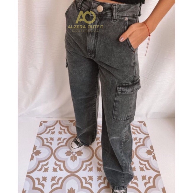 Highwaist Celana Jeans Cargo Wanita / Celana Cargo Jeans By Alzera