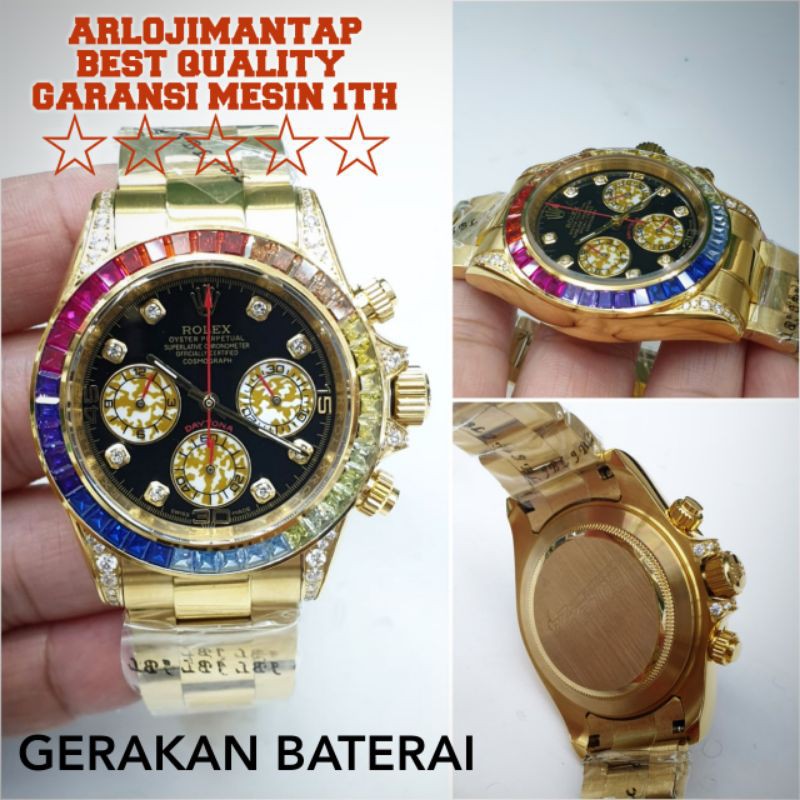 ARLOJIMANTAP ROLEX DAYTONA RAINBOW GOLD DIAMOND BLACK DIAL BATERAI PREMIUM