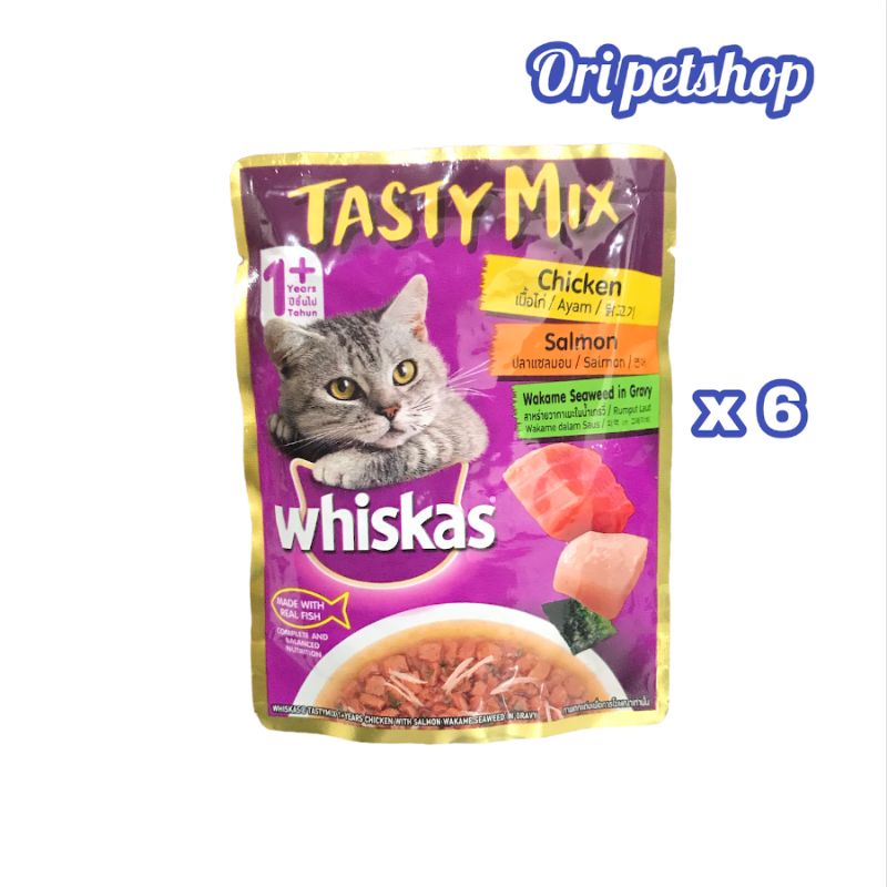 (6pcs) Whiskas Tasty Mix Pouch Sachet 70gr - Chicken Salmon Wekame Seaweed In Gravvy