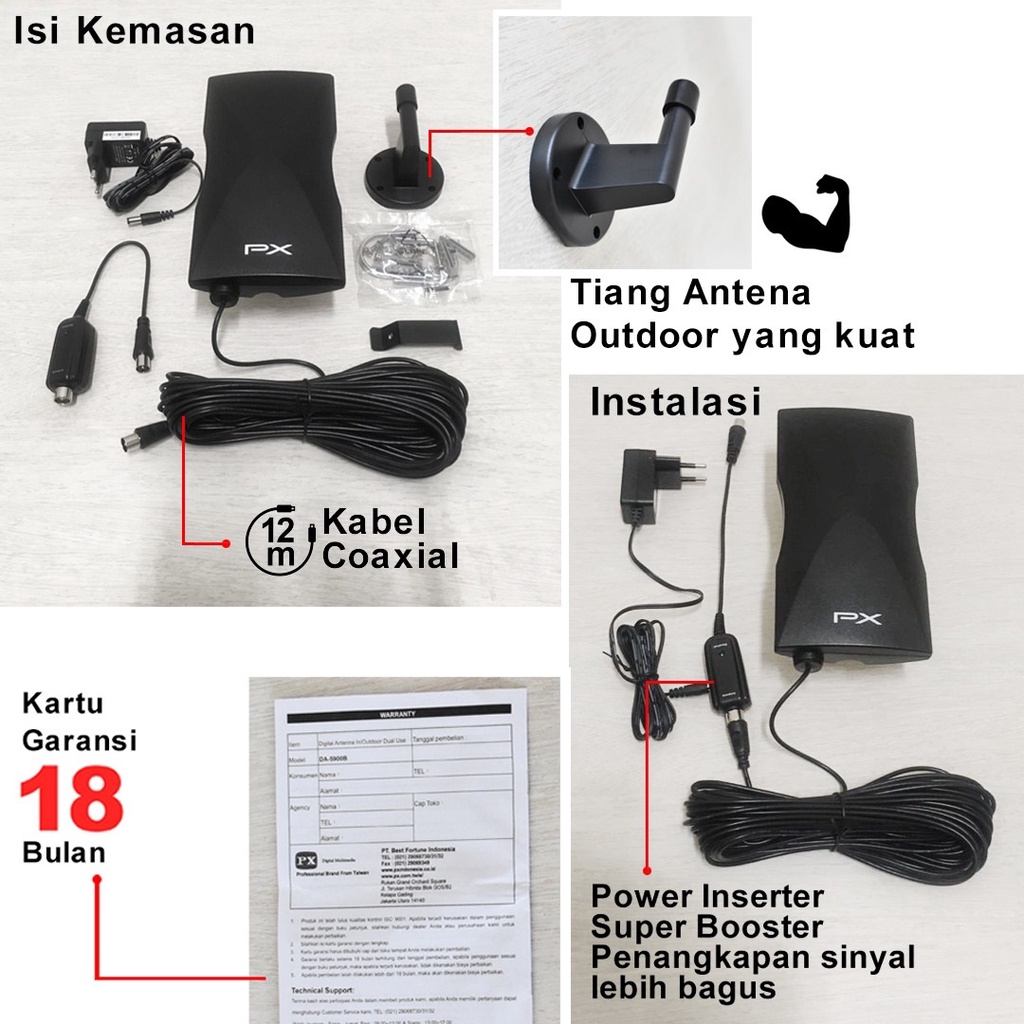 PX DA-5900 Antena TV Digital dan Analog Super BOOSTER bonus Kabel 12M ANTENA Indoor Outdoor STB bisa