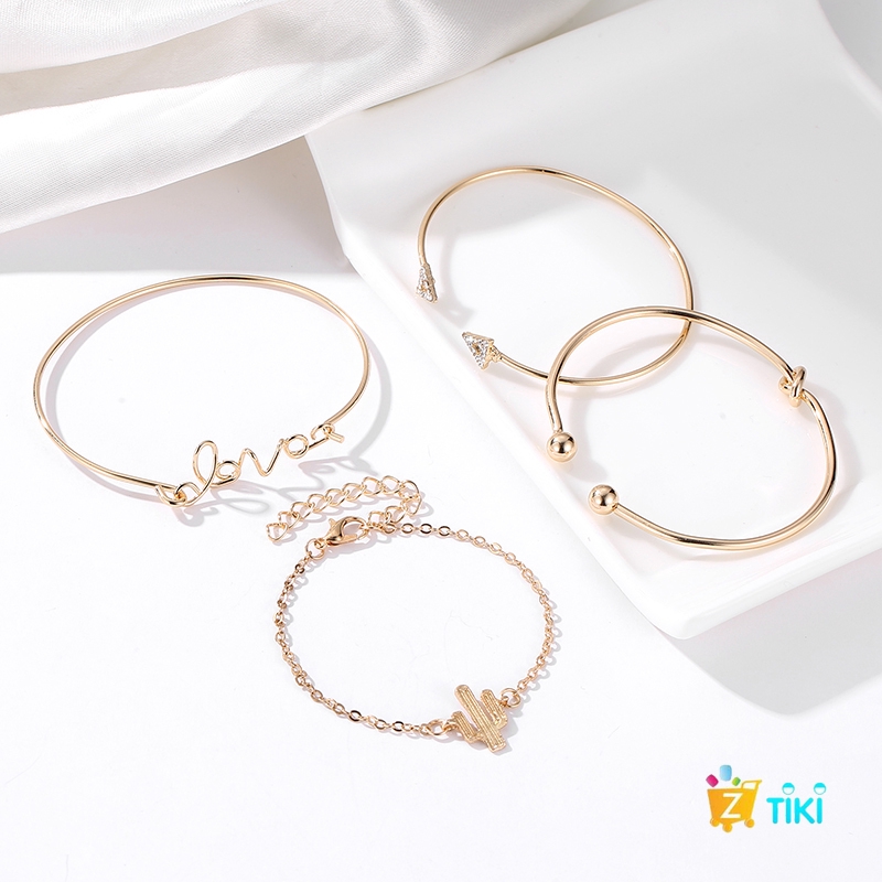 COD（TiKi）4Pcs/Set Gelang Women Gilr Gold Triangle Knot Love Cactus Opening Bangle Chain Bracelet-5