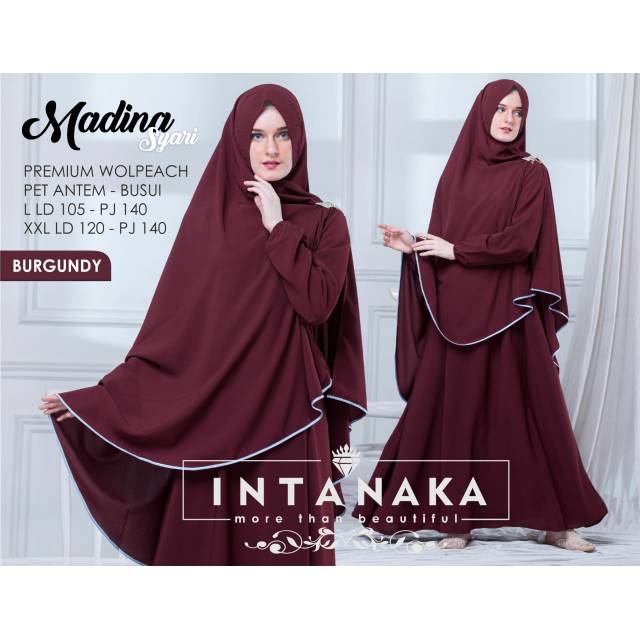 Gamis Syari MADINA Syari Burgundy ori Intanaka Set Khimar Wolfis Polos Free Cadar