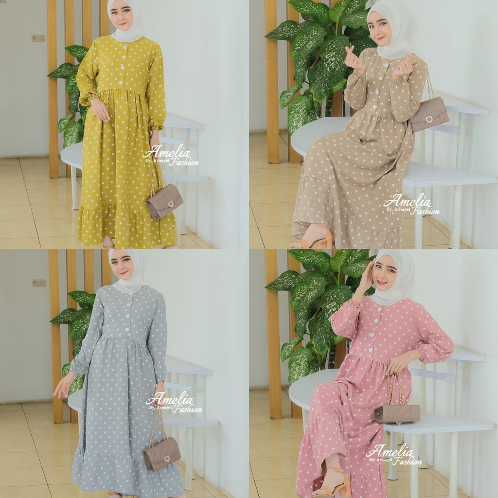 Midi Dress ori Amelia motif polka dan kotak square model cantik fashionable