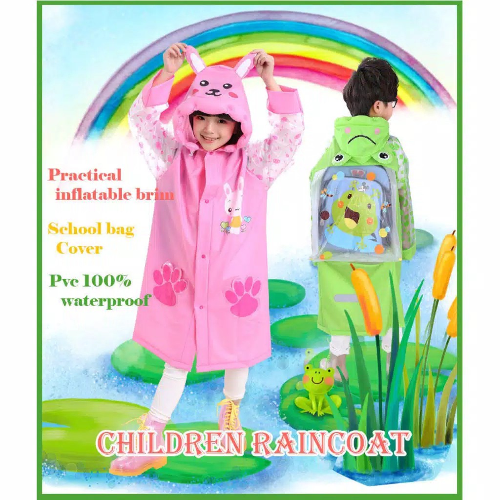 Jas Hujan Anak - Raincoat Mantel Hujan Terusan Anak Motif Karakter Lucu dengan Tas Belakang