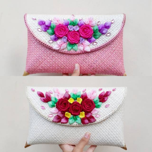 Clutch pesta Anyam Pandan Bunga, Tas pesta,dompet kondangan, tas anyam pandan,dompet pesta,tas anyam