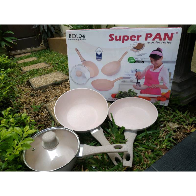 BOLDe Panci Wajan Set Super Pan Granite Set Beige 3 + 1 PCS  SUPER PAN dengan Coating Granite Ceramic