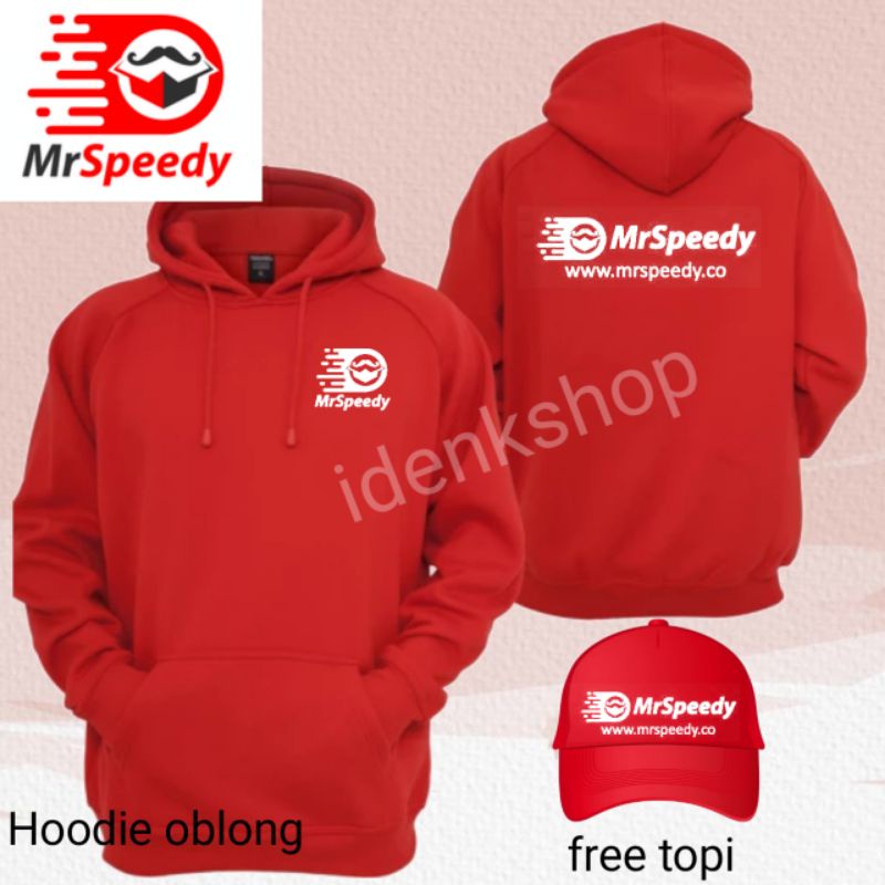 Hoodie oblong mrspeedy kurir merah cabe + topi bahan cotton fleece tebal UK lokal