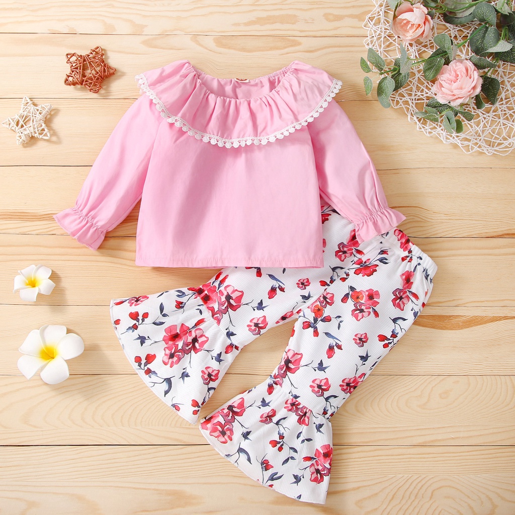 BR04 NEW Baju setelan anak perempuan motif bunga renda kerut