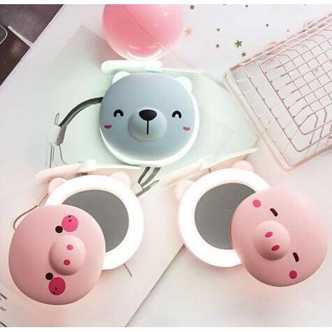 KIPAS ANGIN MINI PORTABLE CERMIN LED KARAKTER / MINI FAN LED LIGHT 3 IN 1 USB CHARGING KIPAS MAKE UP