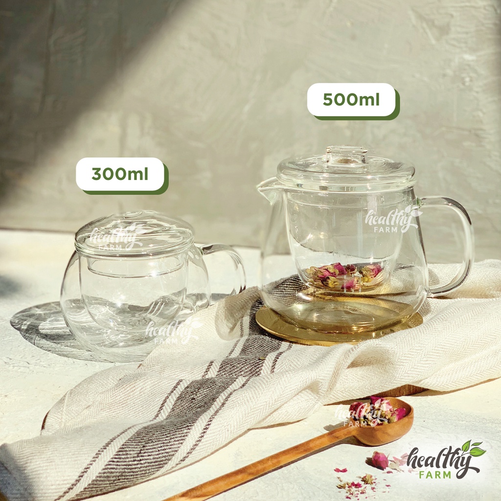 Gelas Cangkir Teh Saringan / Glass Infuser Tea Cup / Teko Teh Kaca 300 ml