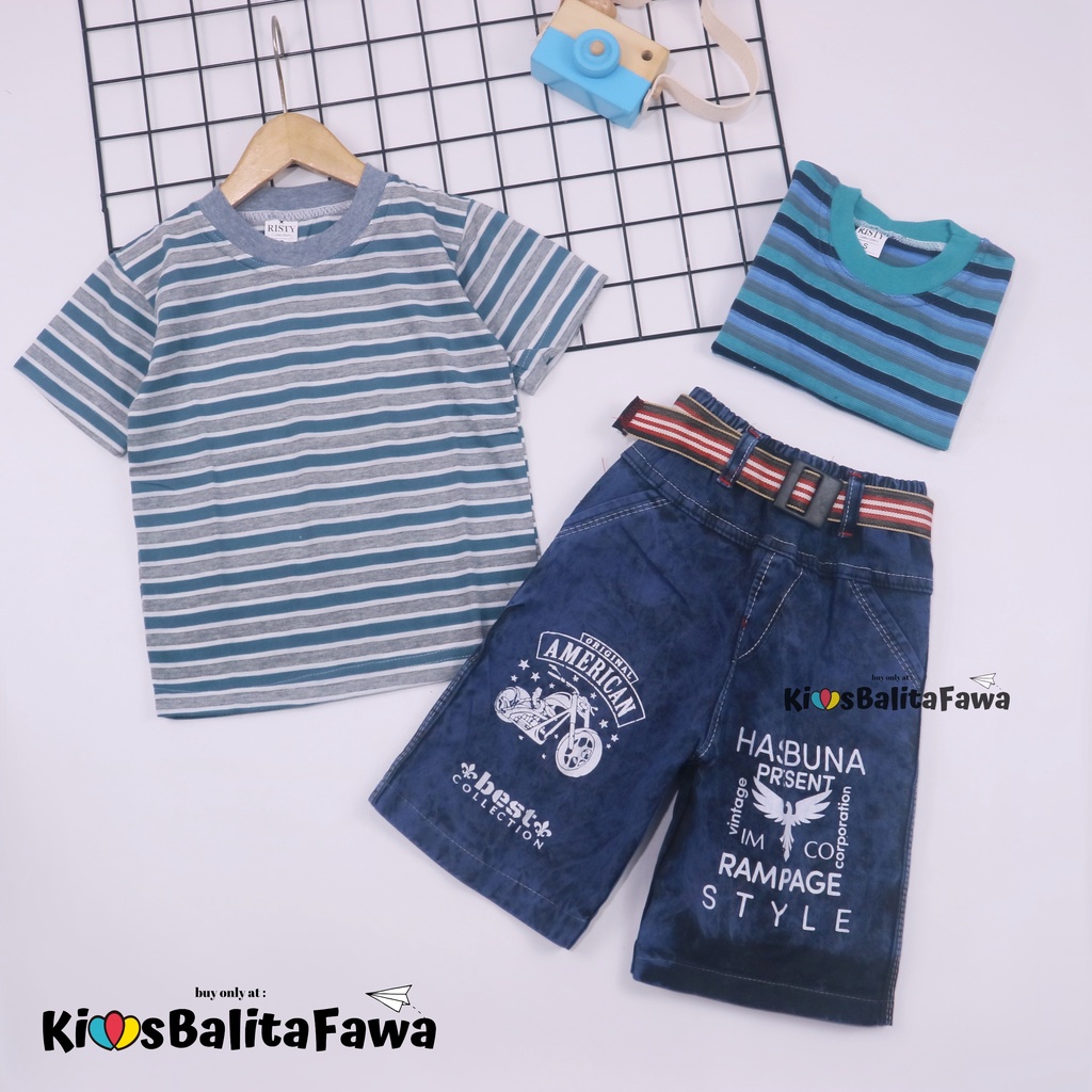 Setelan Salur Jeans uk 3-5 Tahun / Kaos Celana Jeans Anak Cowok Pendek Baju Anak Laki Murah Pakaian