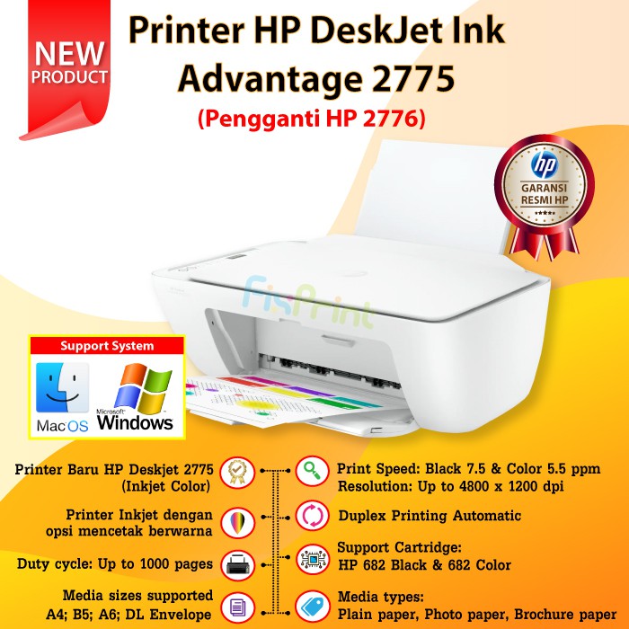 Printer HP Deskjet Ink Advantage 2775 Print Scan Copy All-In-One New photo berwarna multifungsi putih garansi wireless