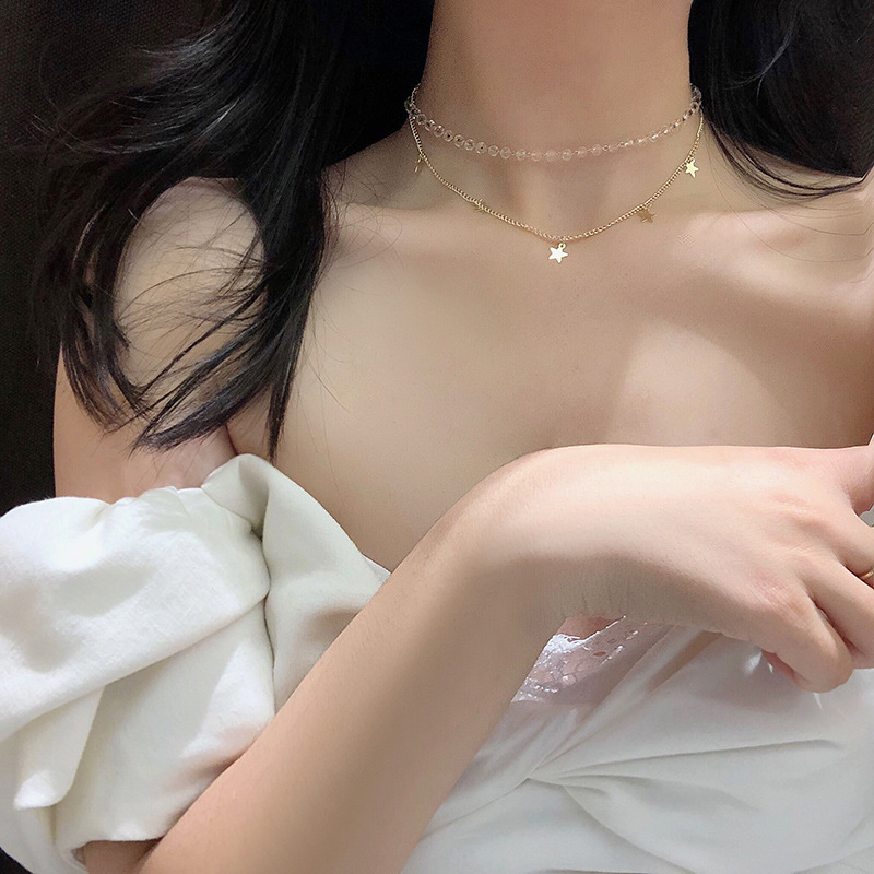 Korea Gypsophila Necklace Double Star Pendant Clavicle Chain Crystal Necklace Short Neck Lace Jewelry Luxurious