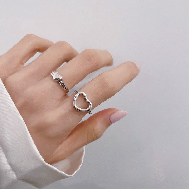 IFYOU 2pcs / set Cincin Jari Bentuk Hati Warna Silver Gaya Korea Untuk Wanita