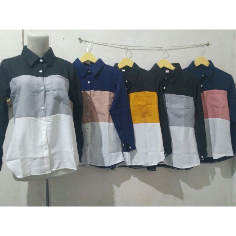 Kemeja Wanita Polos Casual Blouse basic Kombinasi Warna Lengan Panjang Kekinian  Moscrepe 3 warna-Abu