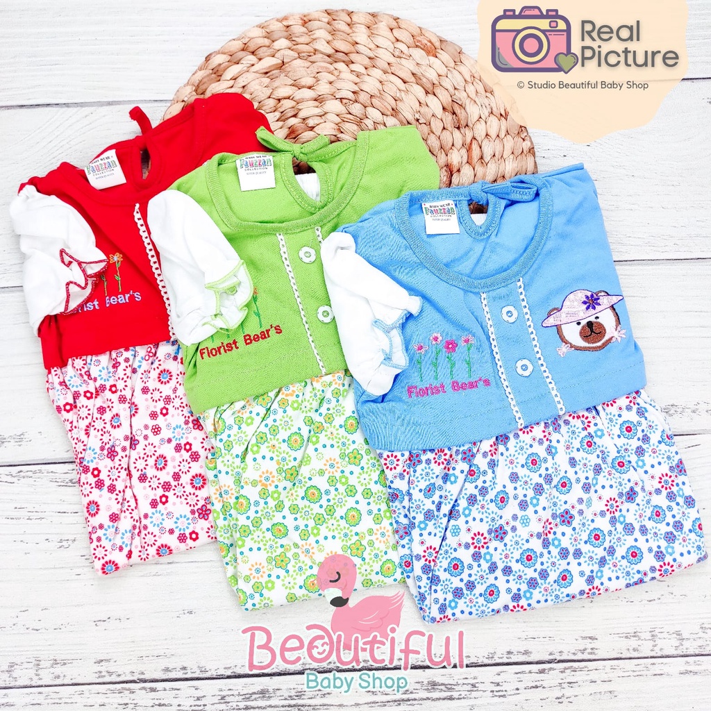 Dress Bayi Perempuan Motif Florist Bear Usia 3 sd 18 Bulan / Gaun Rok Baju Bayi Perempuan  Merk Fauzan / Baby.ou