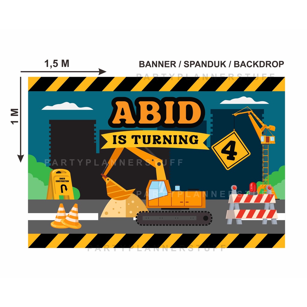 Banner spanduk backdrop ulang tahun anak tema excavator / alat berat / kontruksi / construction / ex