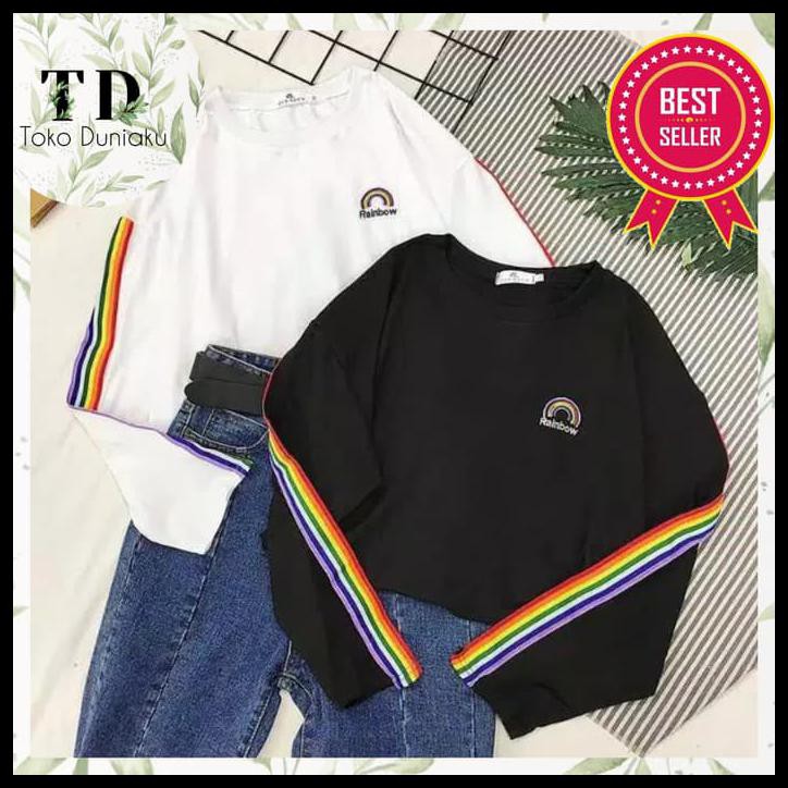 Baju Atasan Wanita Sweater Lengan Panjang Rainbow List Sablon Korea - Hitam