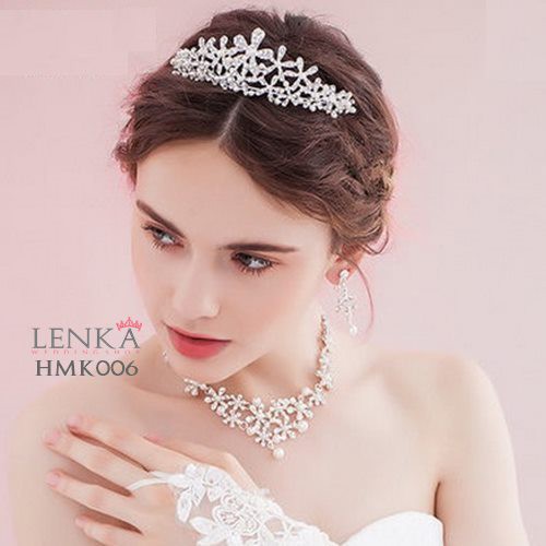 Paket Mahkota Kalung Anting Pengantin Aksesoris Wedding Modern Lenka - HMK006