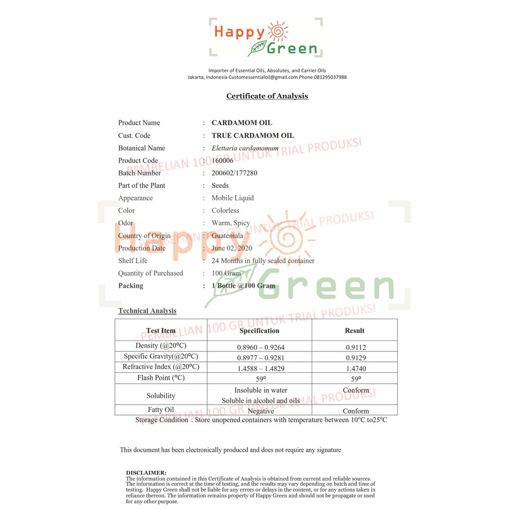 Happy Green True Cardamom Essential Oil  - Minyak Kapulaga Impor Guatemala