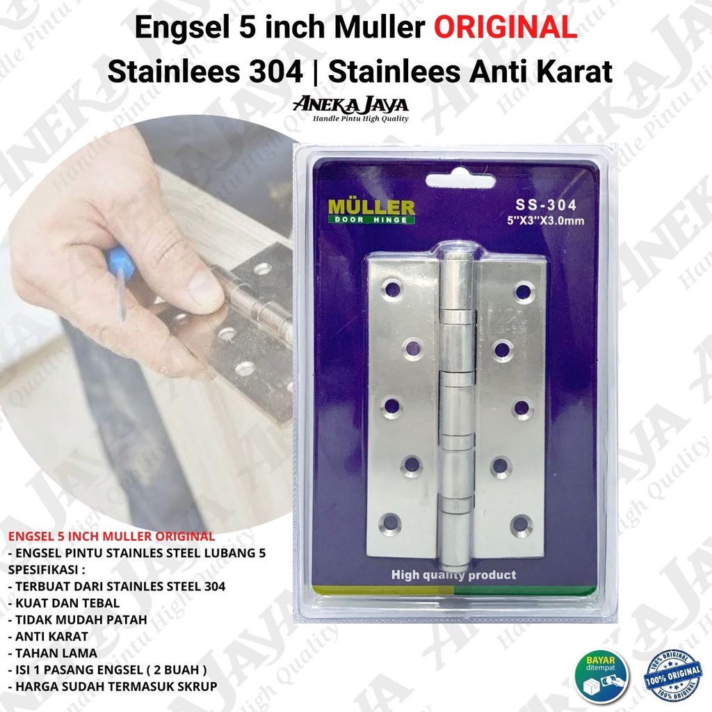 Engsel Muller 5 inch Stainlees ORIGINAL / Engsel stainlees 304 tebal anti karat / Engsel Pintu Lubang 5