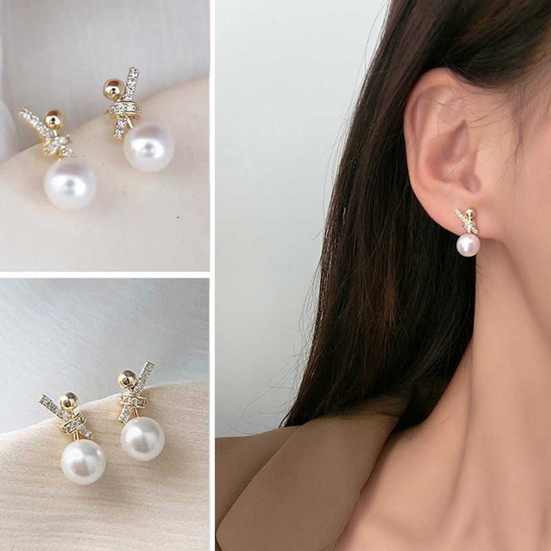 Anting Tusuk Desain Pita Hias Mutiaraberlian Gaya Simple Untuk Wanita