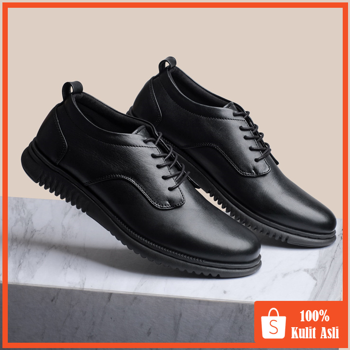 Hatta Black (Kulit Asli) - Sepatu Formal Pria Pantofel Kulit Asli Casual Kerja Kantor Tali Pantopel Pria Kasual Oxford - Pantofel Hitam Pria