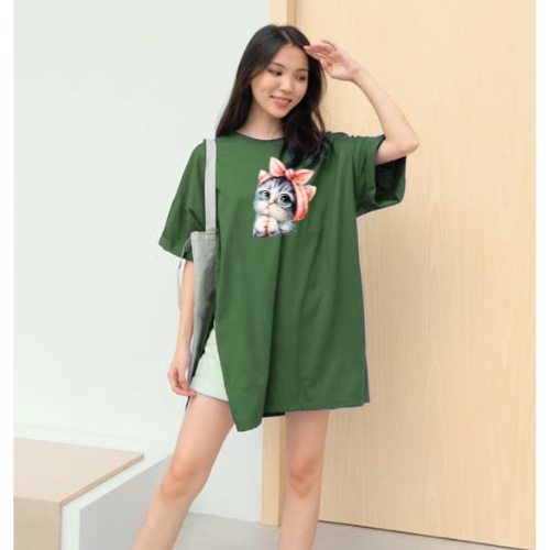 Kaos Wanita Oversize Kucing Pita Jumbo Belah Samping SIze XXL