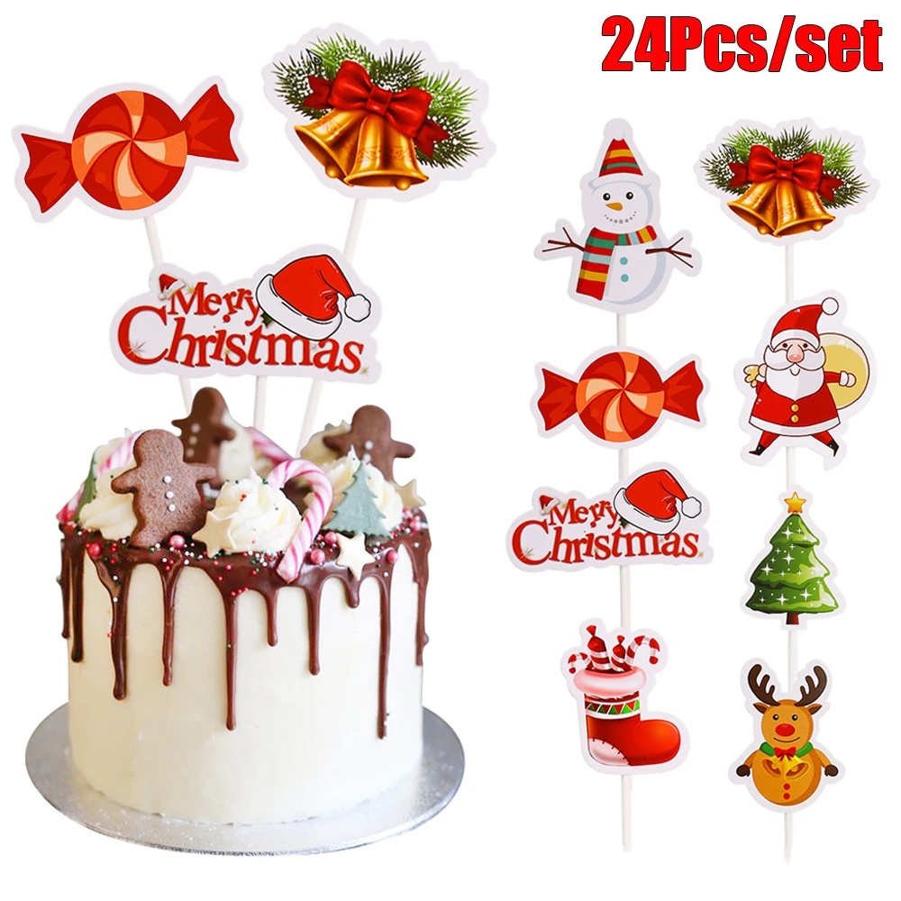 24pcs Topper Kue Desain Pohon Natal Santa Bahan Kertas Untuk Dekorasi Pesta