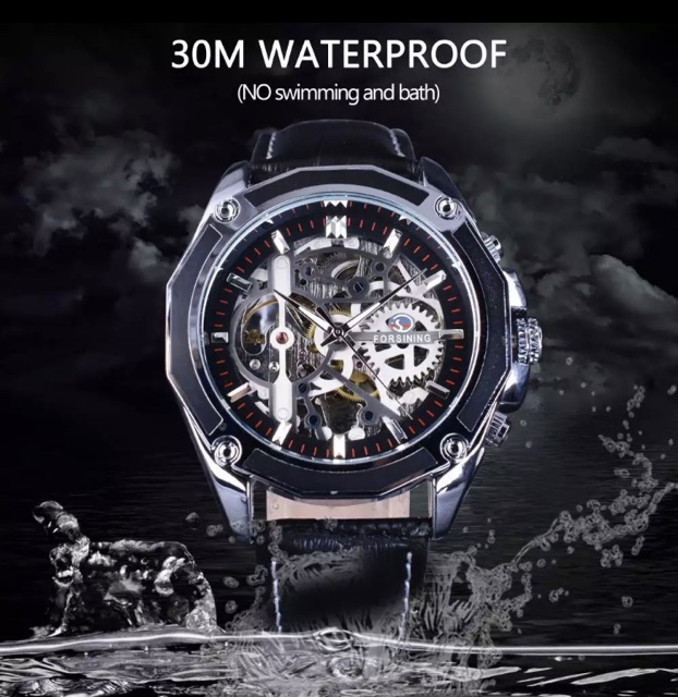 Jam Tangan Pria Automatic Original Forsining Transparan Skeleton Silver Black