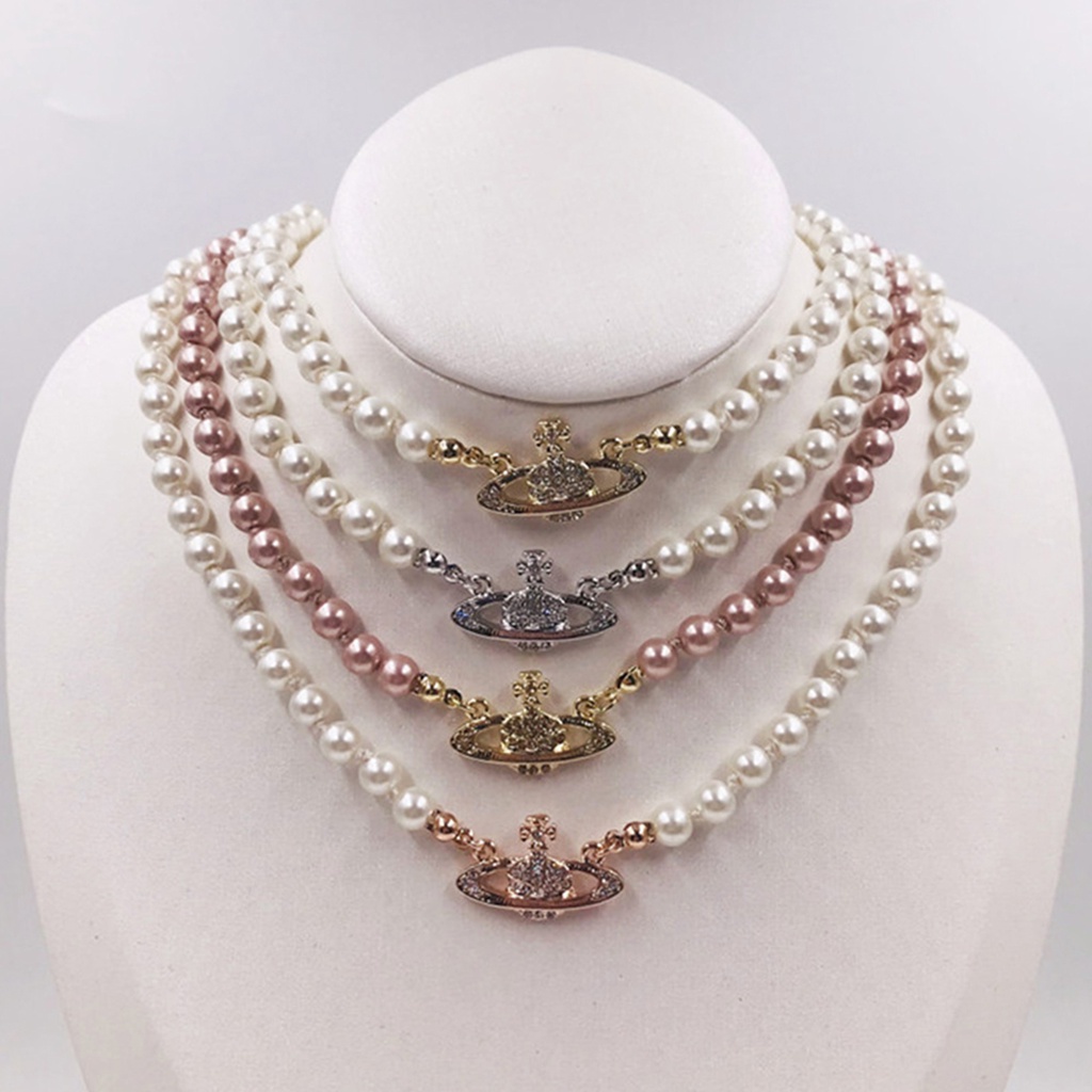 Hu Hu Hu Hu Hu Alat Bantu Pasang Kacamata♡ Kalung Rantai Liontin Saturnus Aksen Mutiara Berlian Imitasi Untuk Wanita