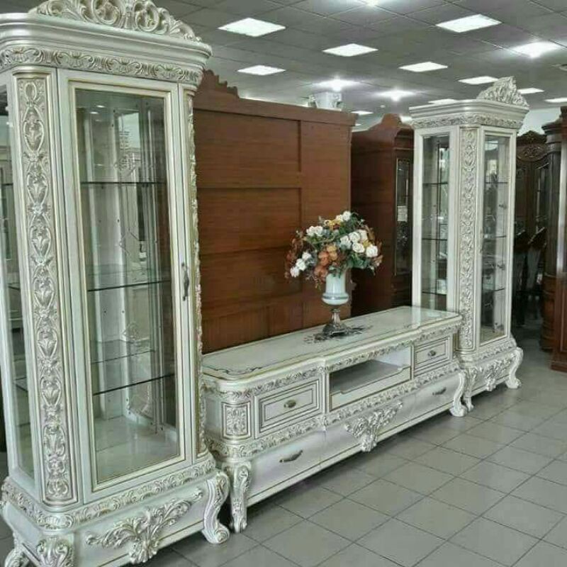 lemari hias kaca kayu jati mebel produk asli jepara