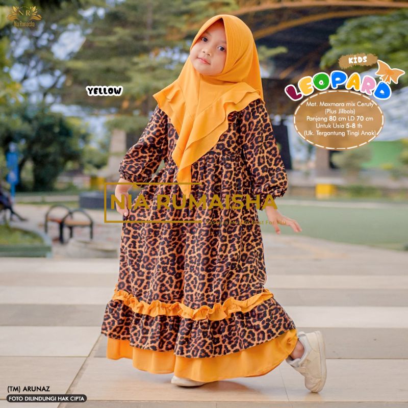 gamis set khimar anak motif leopard usia 5-8 th dress anak macan ori