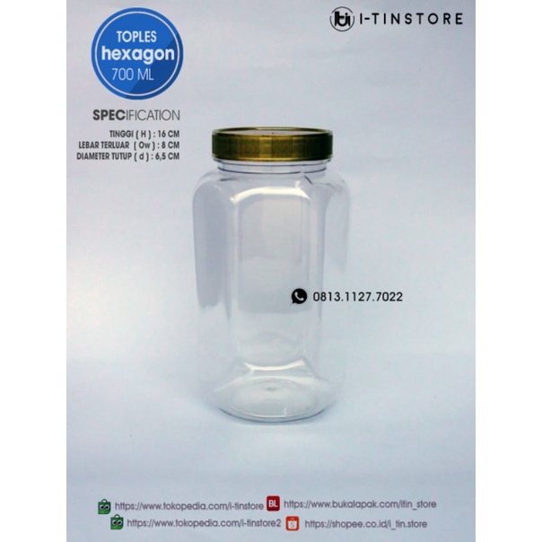 TOPLES PLASTIK HEXAGON 700ML TUTUP DOBEL / JAR PLASTIC SEGI ENAM 700 ML