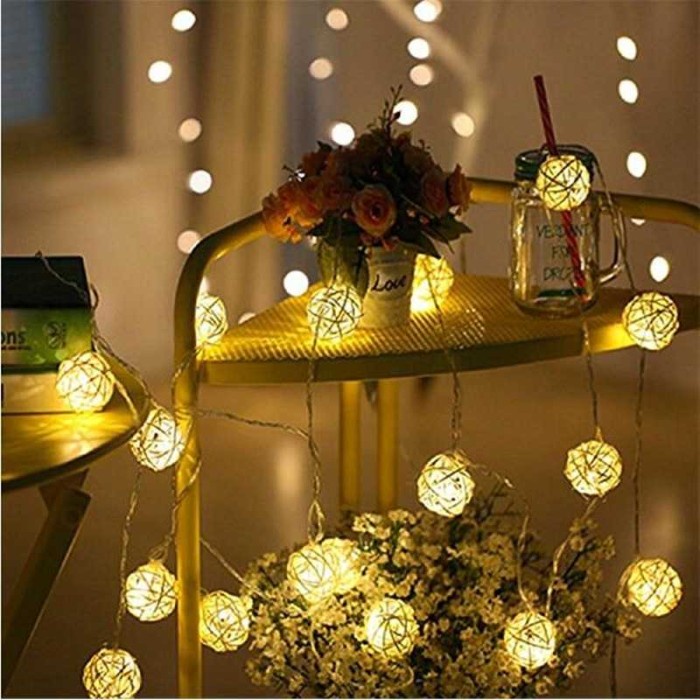 Lampu Hias Dekorasi Kamar Cafe Taman Bola Rotan String Fairy - B073 - WARM WHITE, 1.2M