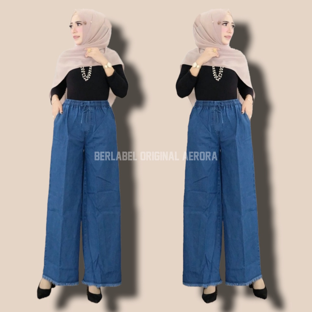 Celana Kulot Jeans Panjang Jins Jens Wanita Kekinian Hight Waist Pinggang Karet Bawah Rawis Premium Ld 60-100 P 98 Allsize