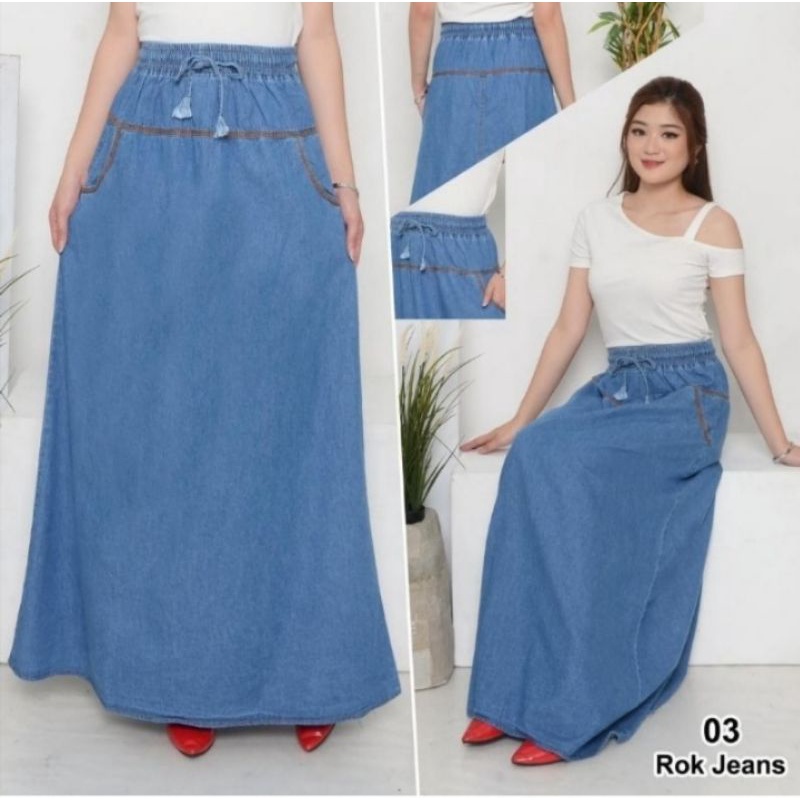 Rok Jeans Panjang Wanita Dewasa  Ukuran Standar dan jumbo Motif dan Polos  Murah - Semi Jeans - Serba 35