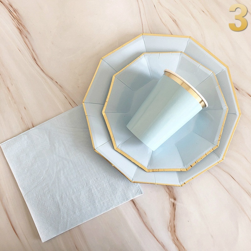 40Pcs/set Disposable Light Blue Bronzing Tableware Paper Dessert Dinner Plate for Festival Party Supplies