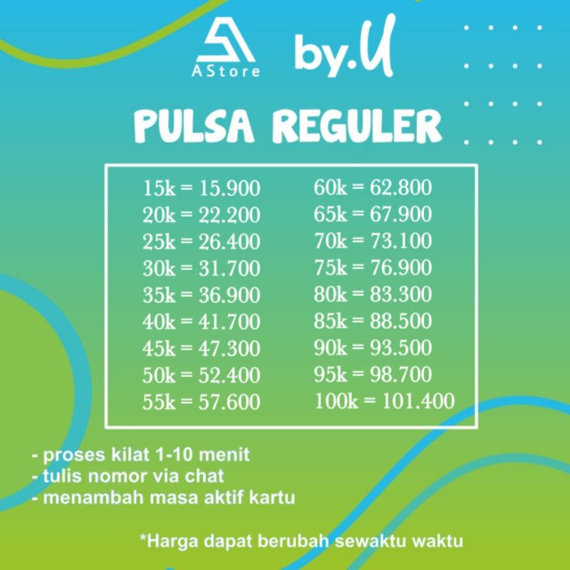 PRODUK TERBARU !! PULSA REGULER BY.U TERMURAH PROMO 20K 30K 40K 50K 60K 70K 80K 90K 100K