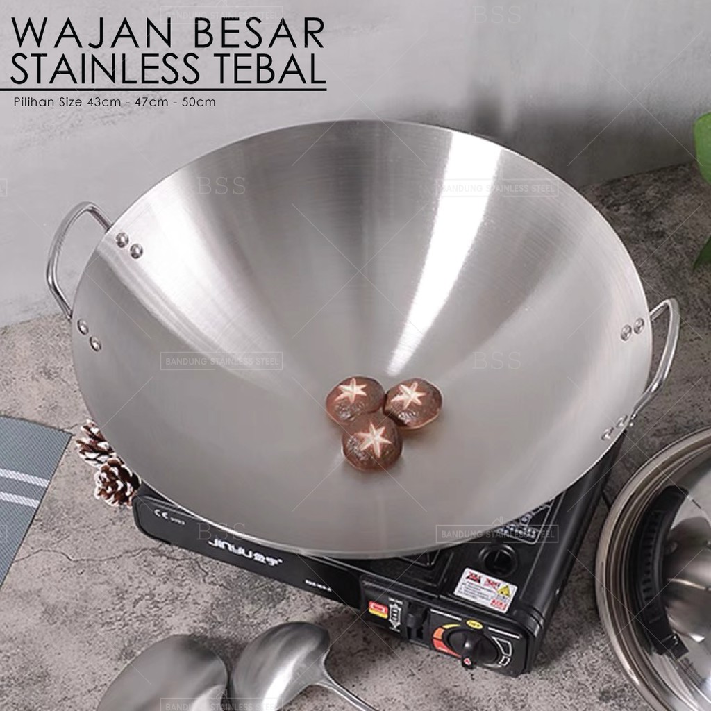 Wajan Besar 43cm 47cm 50cm Penggorengan Stainless Steel Tebal Wok Kuali Goreng