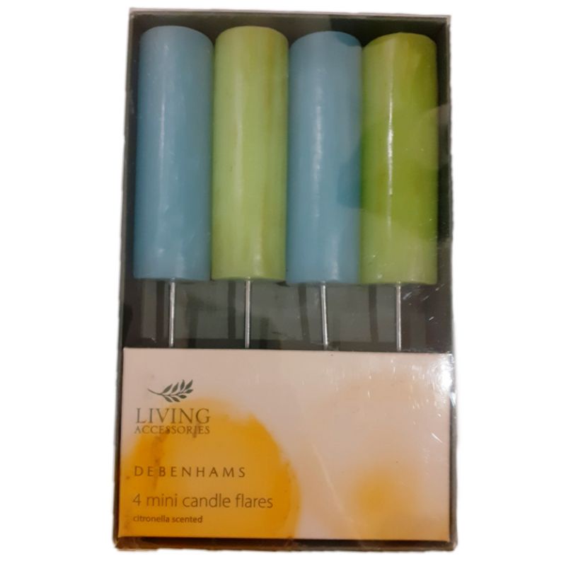 DEBENHAMS LIVING ACCESSORIES 4 MINI CANDLE FLARES BLUE GREEN PINK RED CANDLES LILIN TANCAP