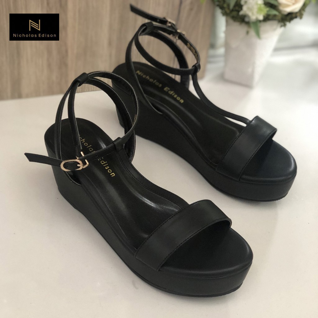nicholas edison wedges galya black sandal wanita tali kait best seller empuk terbaru-5