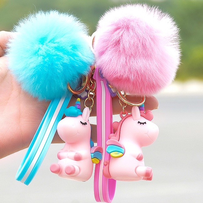 Gantungan tas unicorn ganci Bulu pom pom fluffy gantungan kunci unicorn bulu aksesoris anak kado anak cewek import berkualitas