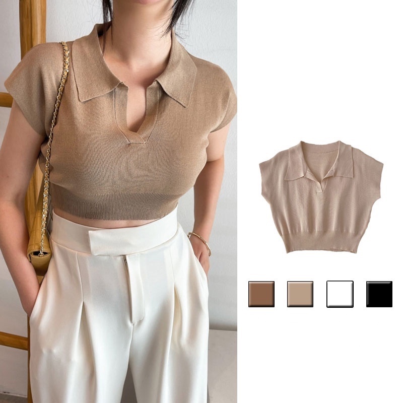 XIAOZHAINV Korean Vneck Crop Top Blouse Polo Shirt Atasan Wanita