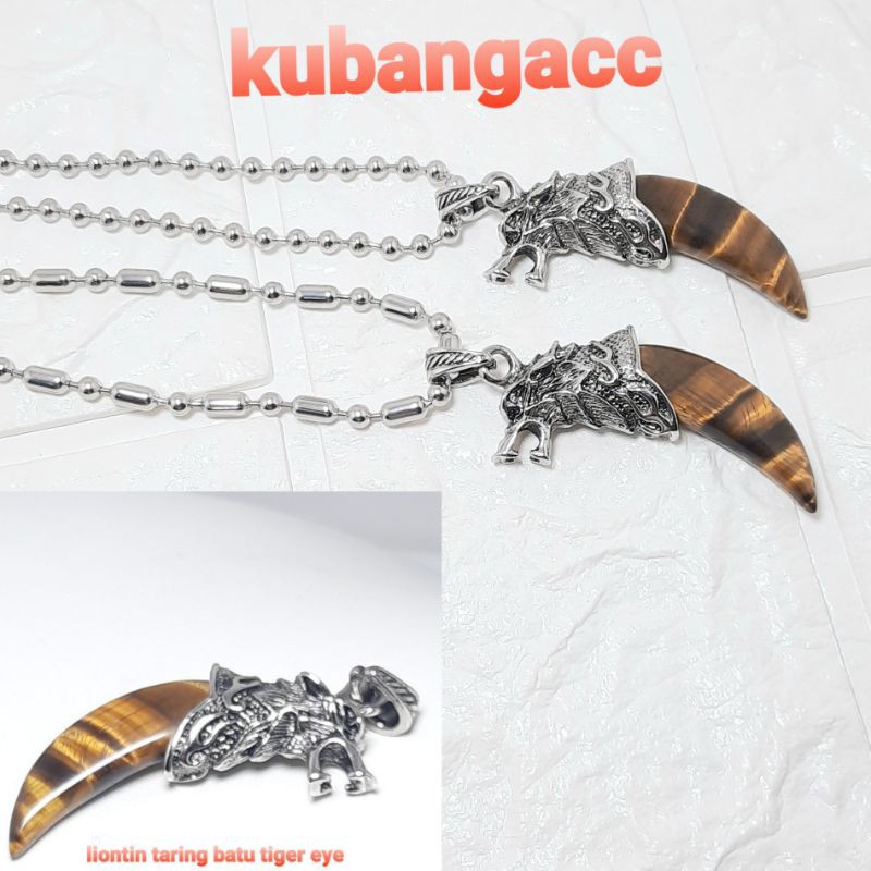Liontin batu alam tiger eye kepala srigala Kalung plus liontin batu biduri sepah kalung baja putih
