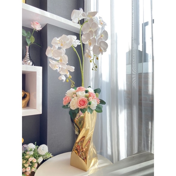 Full Set Vas Bunga Shanghai Big Gold & Rangkaian Anggrek Latex Premium dan Mawar Premium